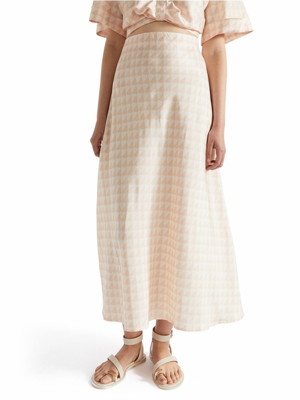 SEED HERITAGE SATIN GEO SKIRT WITH GEOMETRIC PATTERN IN SOFT WHEAT GEO (123)